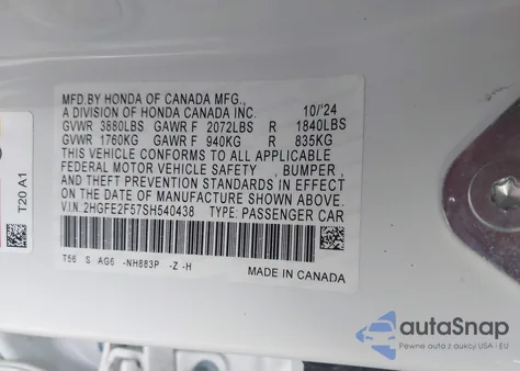 2025 Honda Civic Sport z USA, uszkodzony, nr VIN 2HGFE2F57SH540438